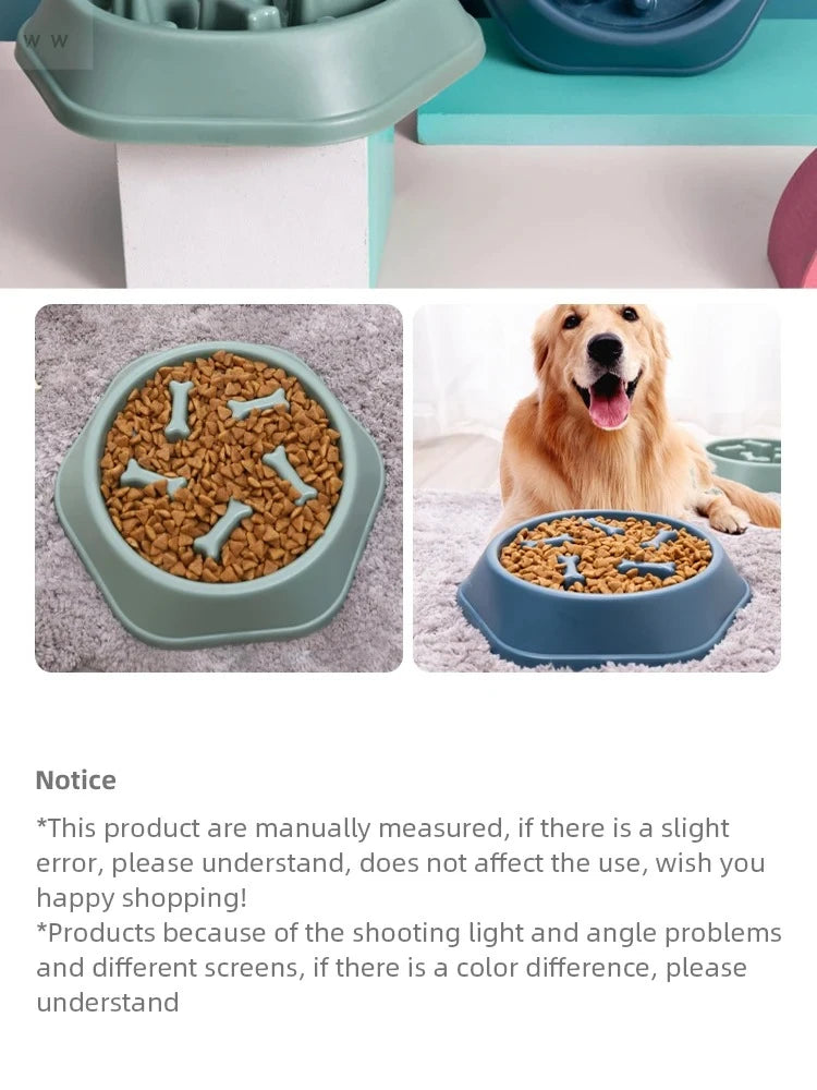 Green and blue hexagonal slow-feeder dog bowls with bone-shaped interior ridges, filled with brown dry kibble.