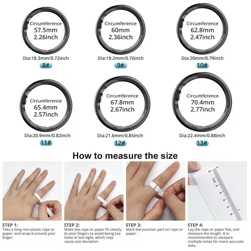 A sleek black smart fitness ring shown with a sizing chart and instructions on how to measure your finger.