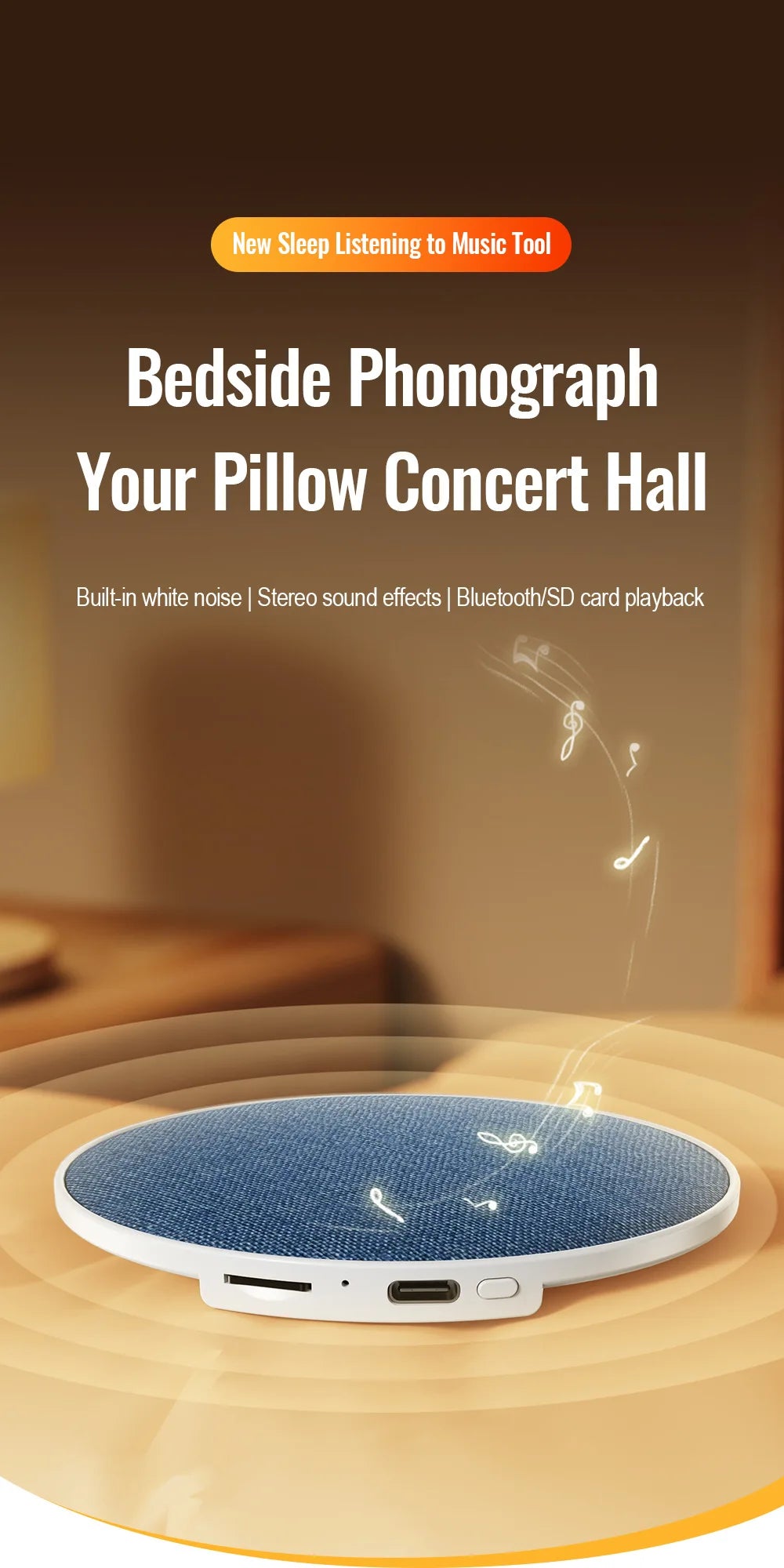 Round, white Bluetooth pillow speaker with a blue fabric top, featuring SD card slot and USB-C charging port.