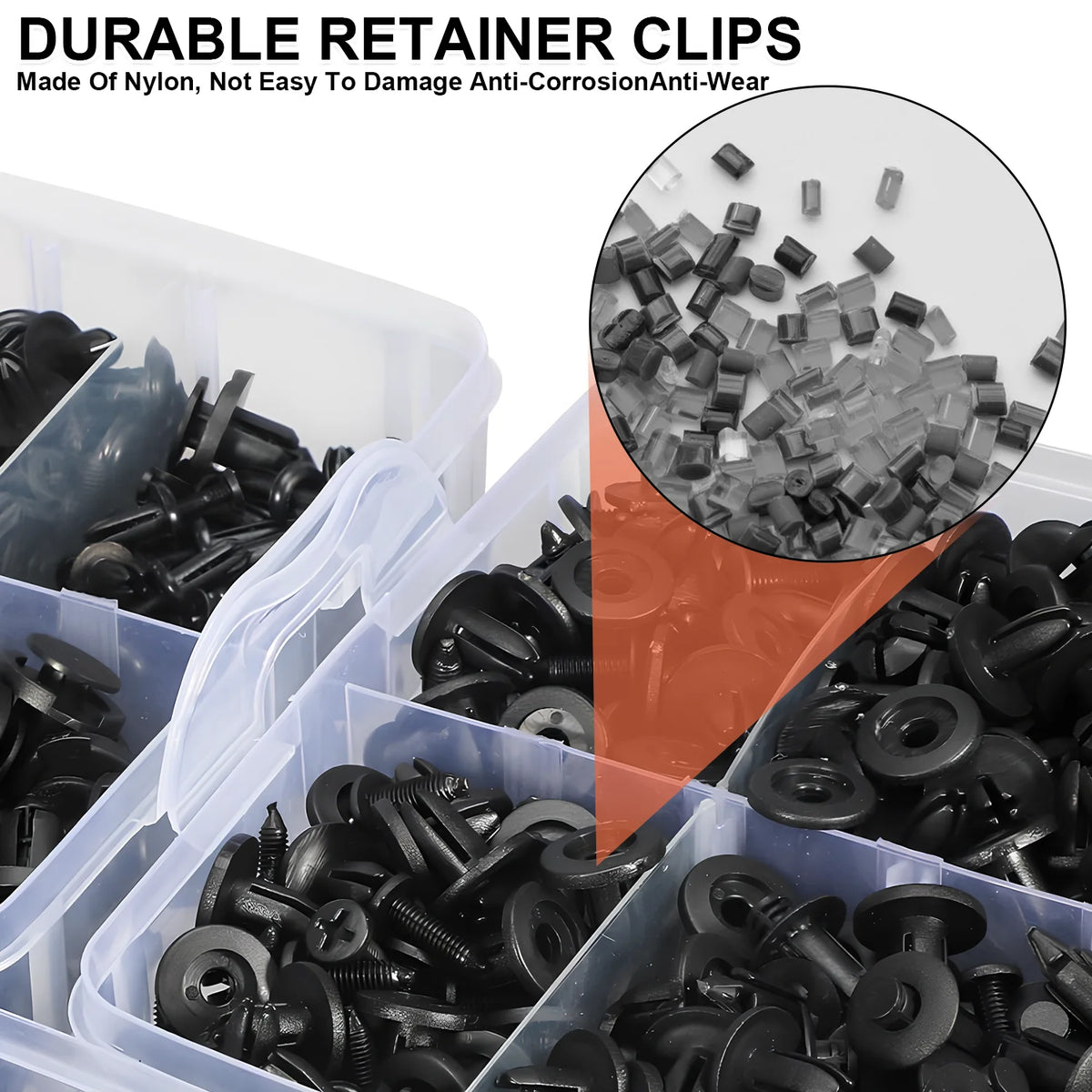 Assorted black plastic car fastener clips and rivets in a clear compartmentalized storage case.