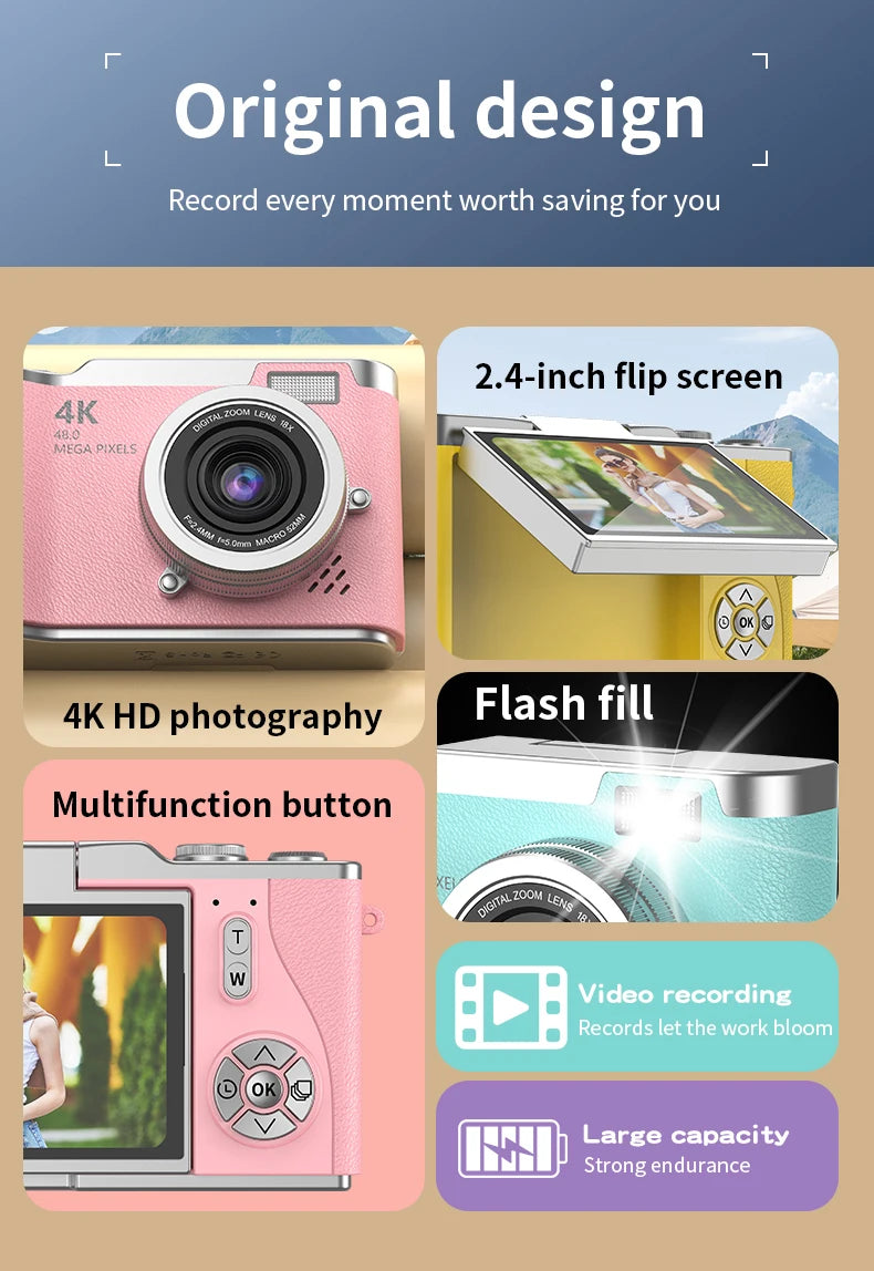 Pink 4K digital camera with leather-textured body, 2.4-inch flip screen, flash, and navigation buttons.