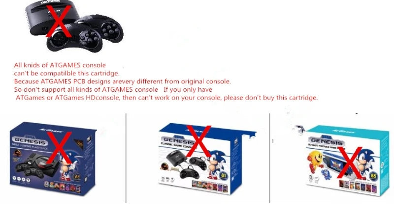 Black Sega Genesis 196-in-1 multi-game cartridge with compatibility warning text and red X marks over incompatible consoles.