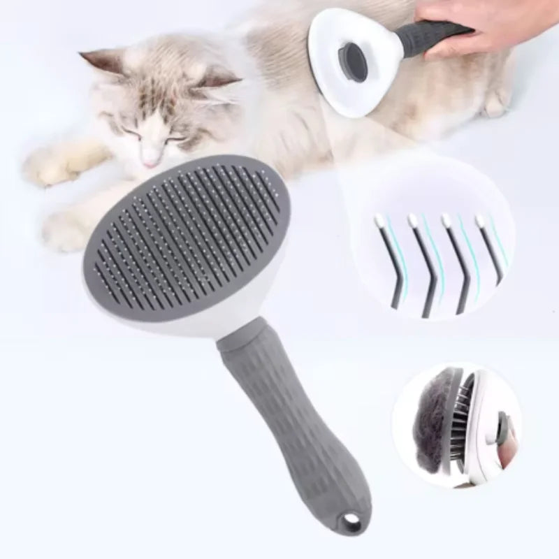 White and grey self-cleaning pet slicker brush being used on a fluffy cat, showing angled bristles and fur removal.