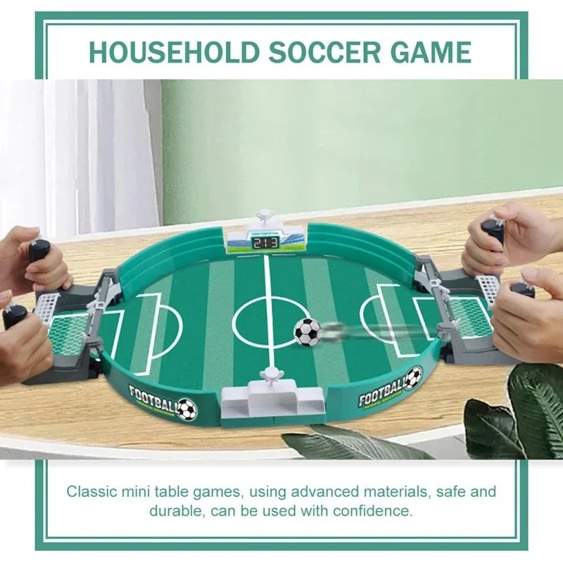 Tabletop mini football game with green field, manual scoring tracker, and two-player hand-controlled spring action.
