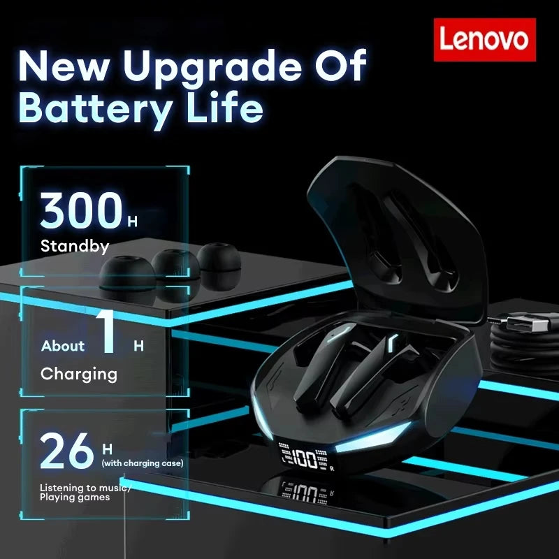 Black wireless earbuds in a glowing case with a digital battery display, featuring a modern, sleek tech design.