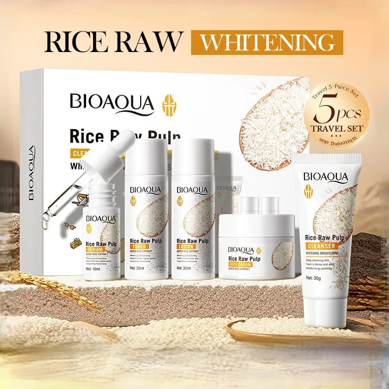 A 5-piece white skincare travel set featuring rice extract, including cleanser, toner, lotion, serum, and face cream.