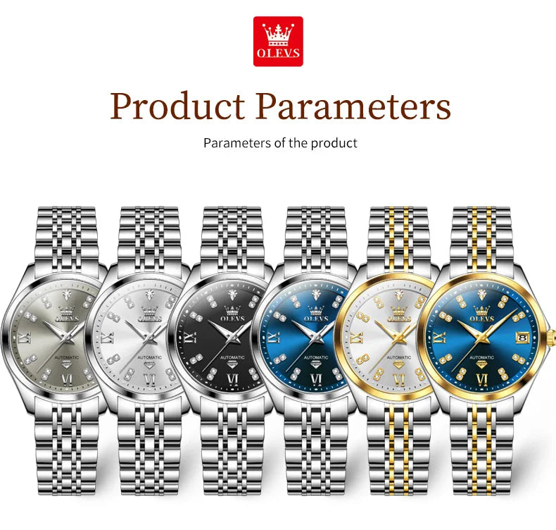 Six elegant women's automatic stainless steel watches in various dial colours, featuring stone indices and link straps.