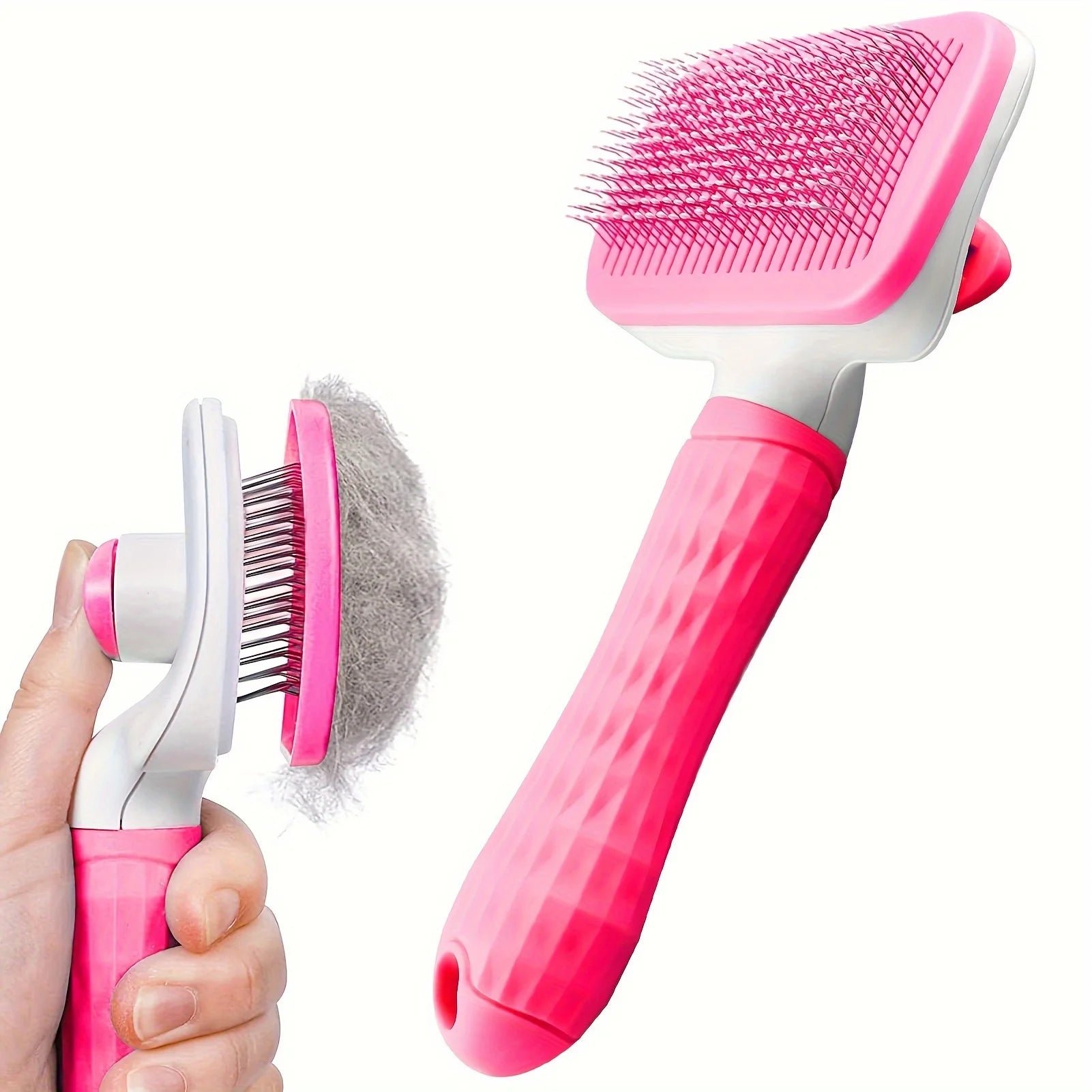A pink self-cleaning pet grooming slicker brush, shown clean and while being used to remove pet fur.