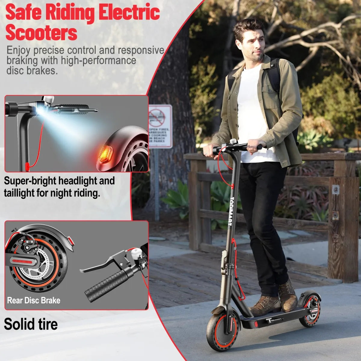 Dark gray foldable electric scooter with 8.5-inch black tires featuring red rims, ridden outdoors by a man.