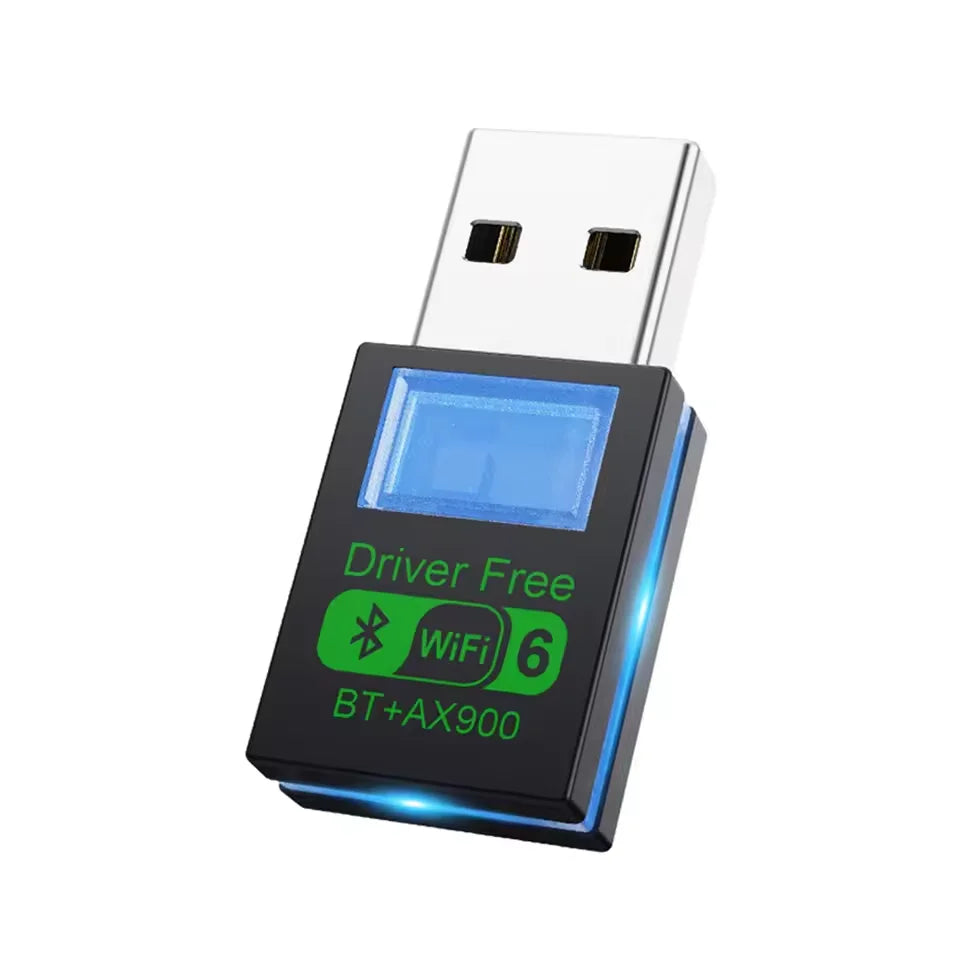 Compact black USB WiFi 6 and Bluetooth adapter with a glowing blue light strip and green text detailing.