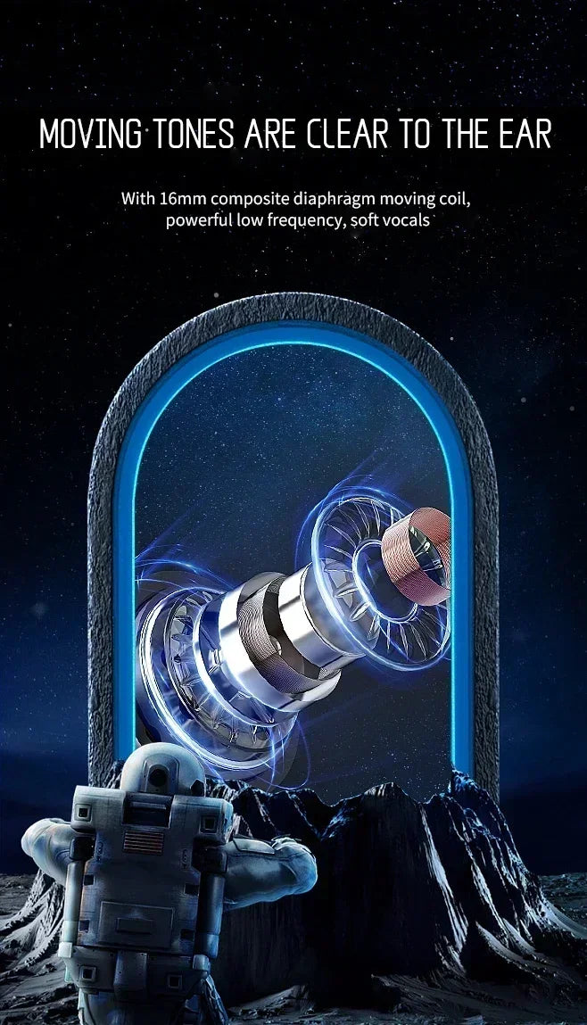 Exploded view of a 16mm audio driver component framed by a glowing blue arch, viewed by an astronaut on a dark planet.