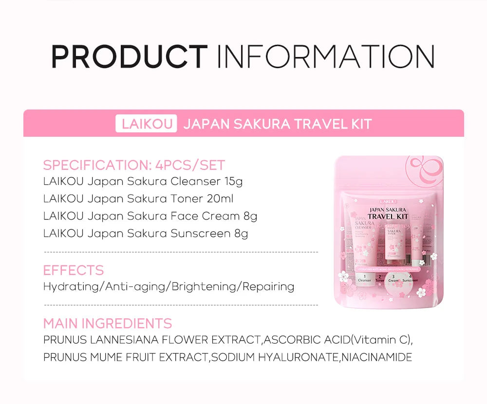 4-piece pink sakura skincare travel set including cleanser, toner, cream, and sunscreen for hydrating and brightening.