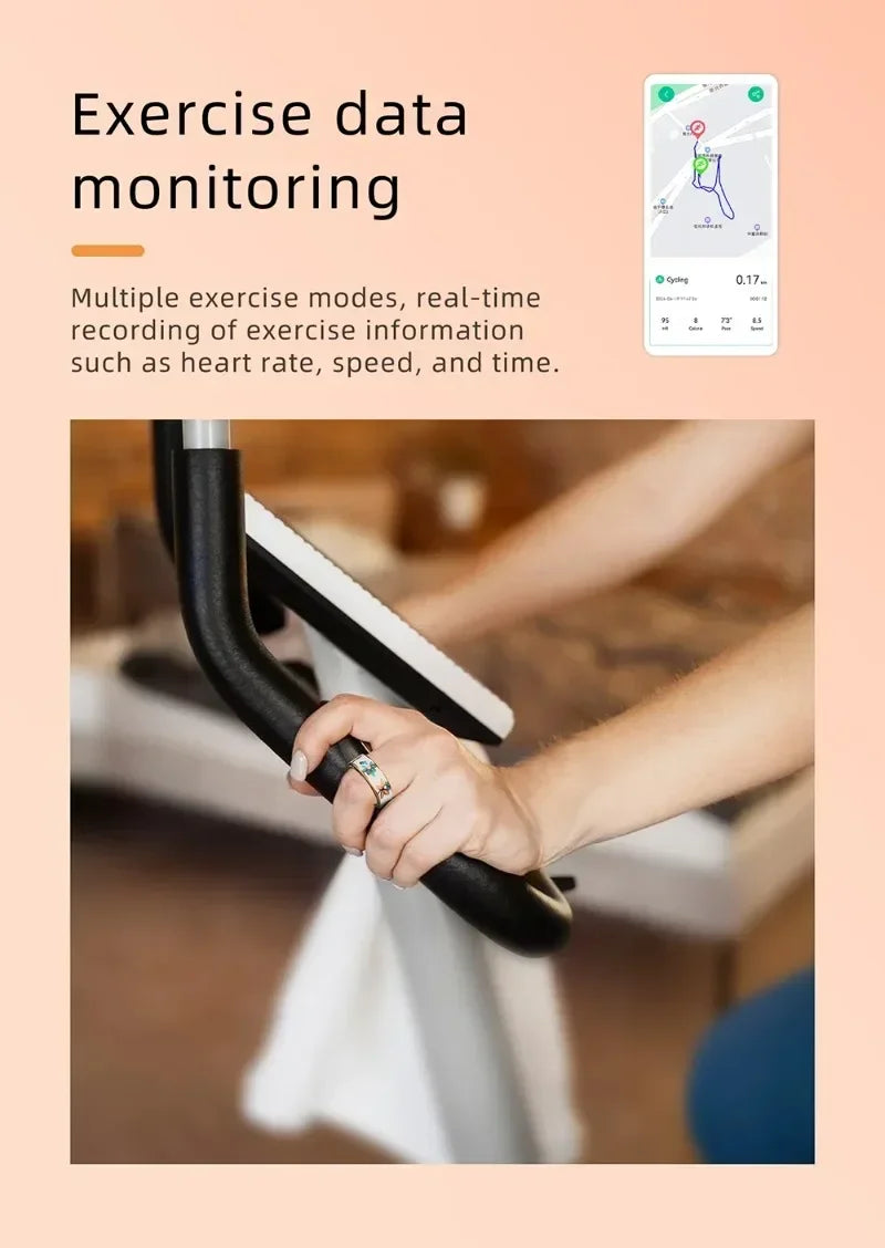 A person using a smart fitness ring while exercising on a bike, with a mobile app displaying real-time health data.