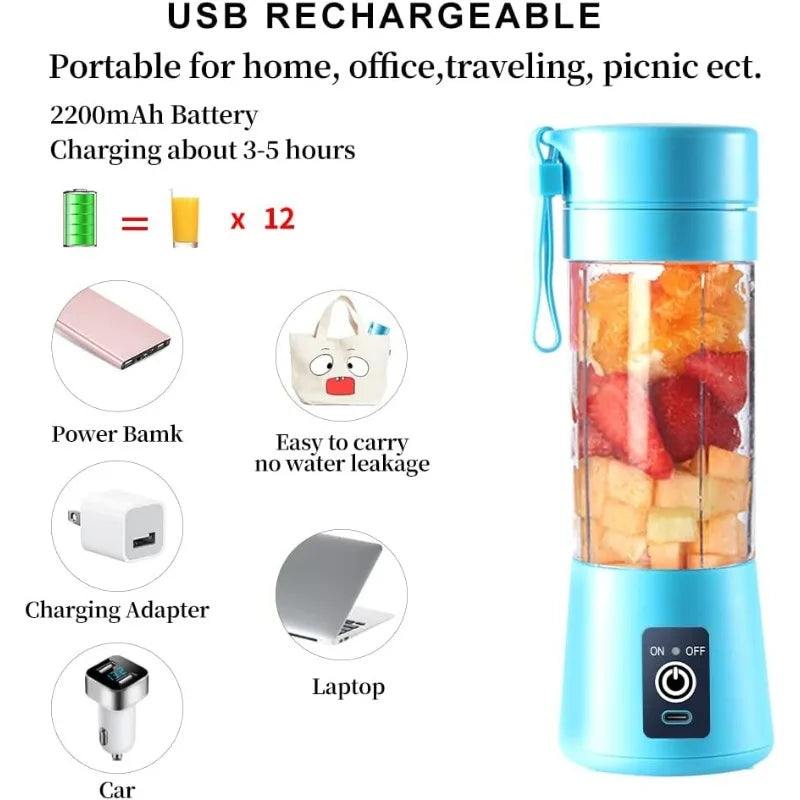 Light blue portable USB rechargeable personal blender filled with cut fruit, shown with charging accessory examples.