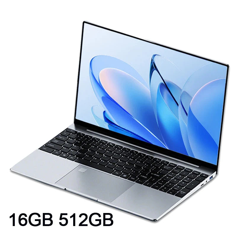 Sleek silver 15.6-inch laptop with a slim bezel, black keyboard, and a vibrant blue abstract wallpaper on the screen.