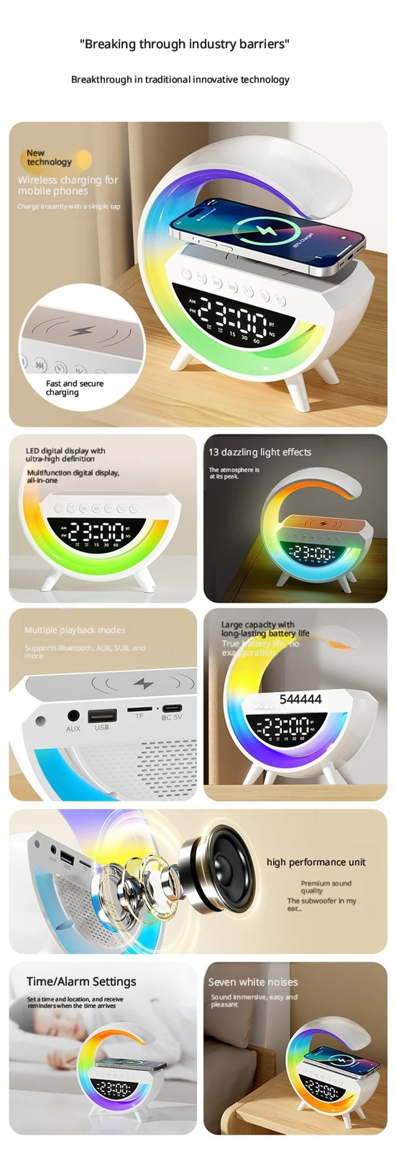 White crescent-shaped Bluetooth alarm clock with an LED digital display, wireless phone charging pad, and RGB lighting.