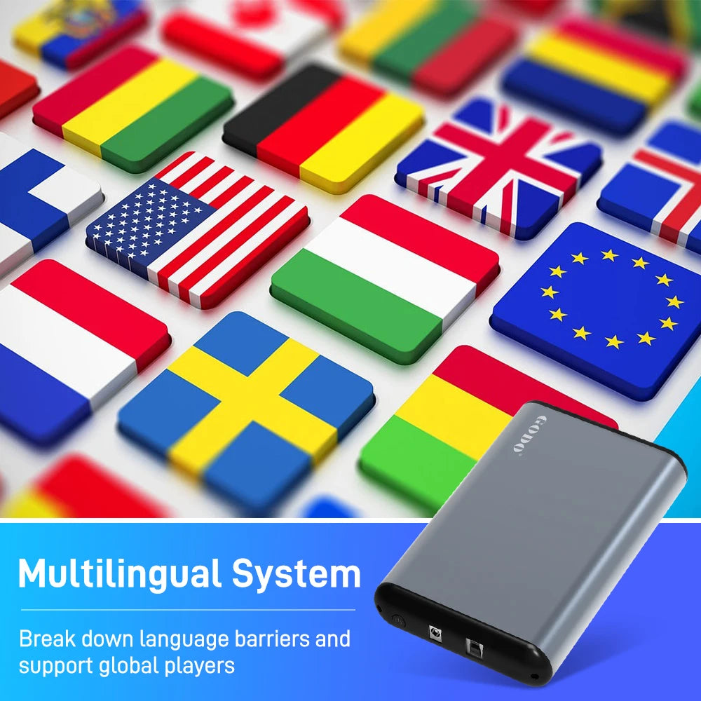 Grey rectangular gaming HDD with rounded corners and ports on the black end, displayed over multilingual flags.