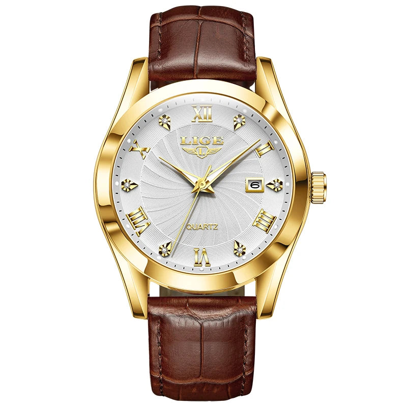 Elegant women's quartz watch with a brown leather strap, gold-tone case, and a white textured dial with Roman numerals.