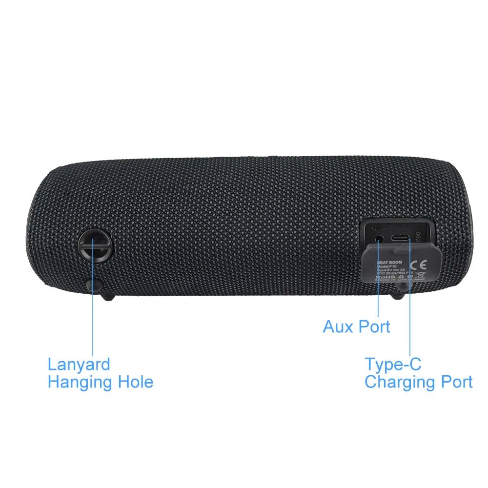 Black portable Bluetooth speaker with mesh finish, showing the lanyard loop, aux port, and Type-C charging port.