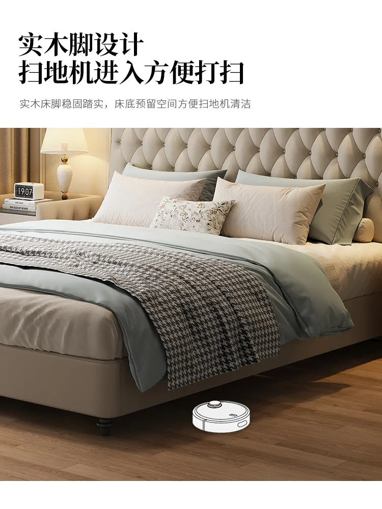 Modern cream upholstered queen bed with a button-tufted headboard and elevated wooden feet for easy floor cleaning.