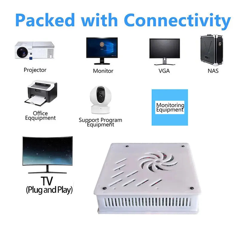 White X8 retro game console box with top fan vent, surrounded by icons showing connectivity to TVs, monitors, and projectors.