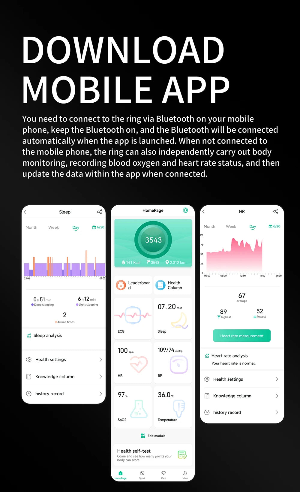 Three smartphone screens showing app interfaces for tracking sleep, heart rate, and health data from a fitness ring.