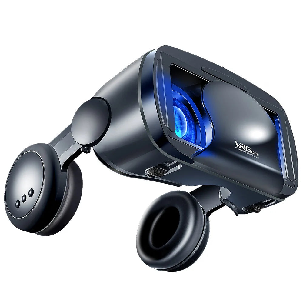 Sleek black virtual reality headset with integrated over-ear headphones and glowing blue interior lenses.