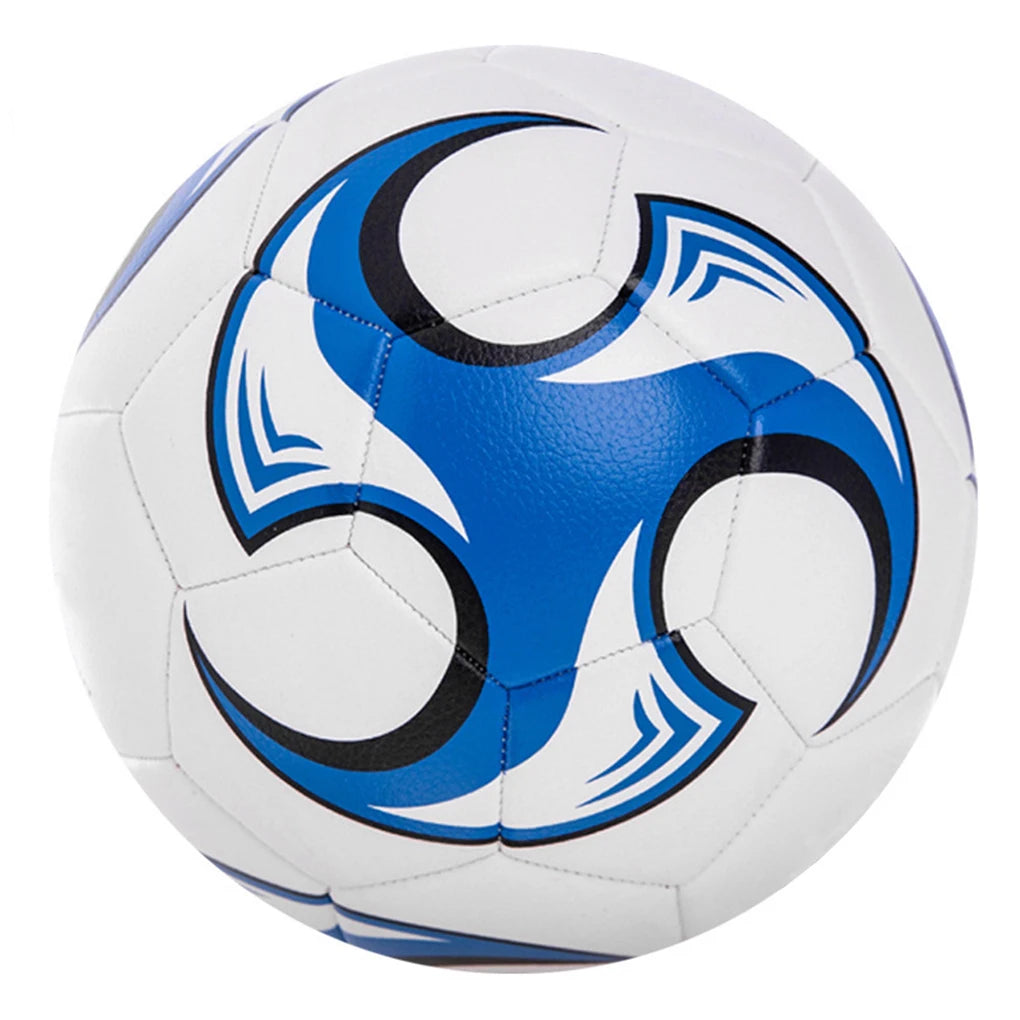 White and blue football with dynamic, swirled graphic patterns on a classic stitched panel design.