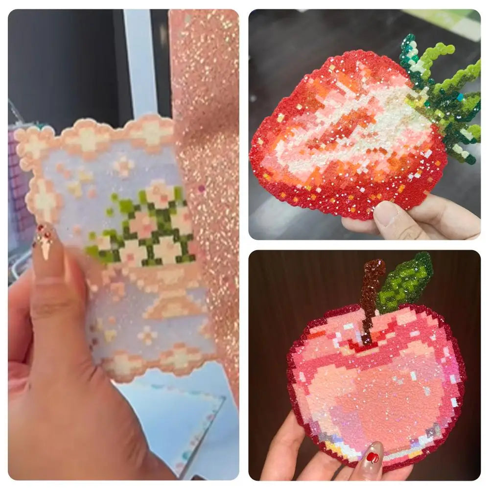 Set of three glittery, pixel-art style fruit and floral patches: a strawberry, a pink peach, and a vase of flowers.