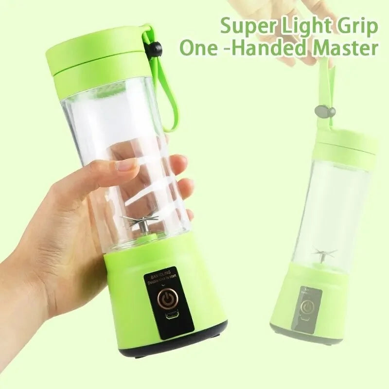 Portable lime green blender with a clear cup, carrying strap, and power button, held by a hand.