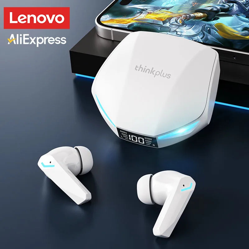 White wireless gaming earbuds with a charging case featuring a digital battery display and blue LED accents.