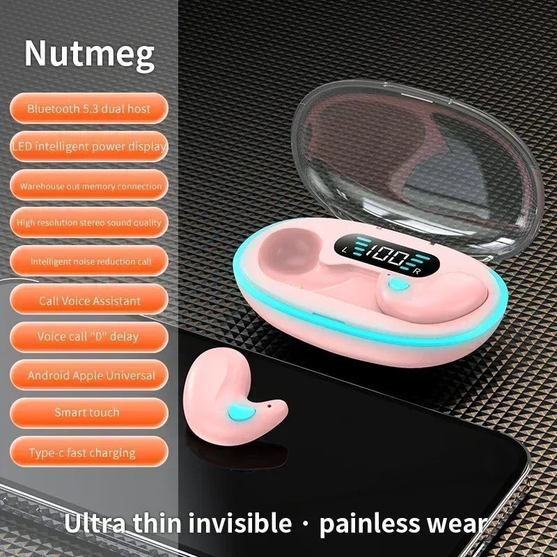 Light pink wireless earbuds with a clear-lidded charging case featuring a digital battery display and blue light accent.
