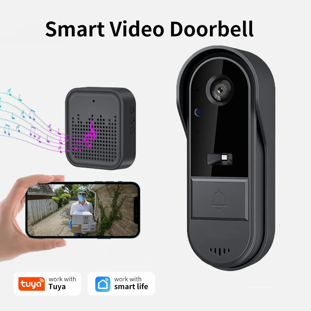 Black wireless smart video doorbell with speaker and app viewing on a smartphone.