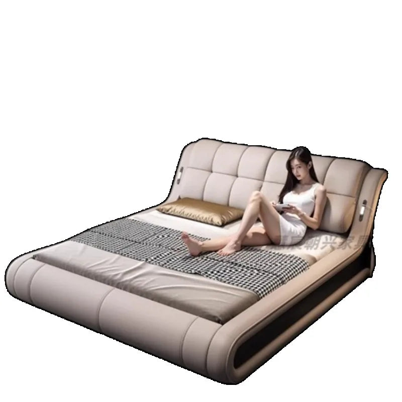 Modern, beige genuine leather bed frame with a curved, tufted headboard and integrated side lights.