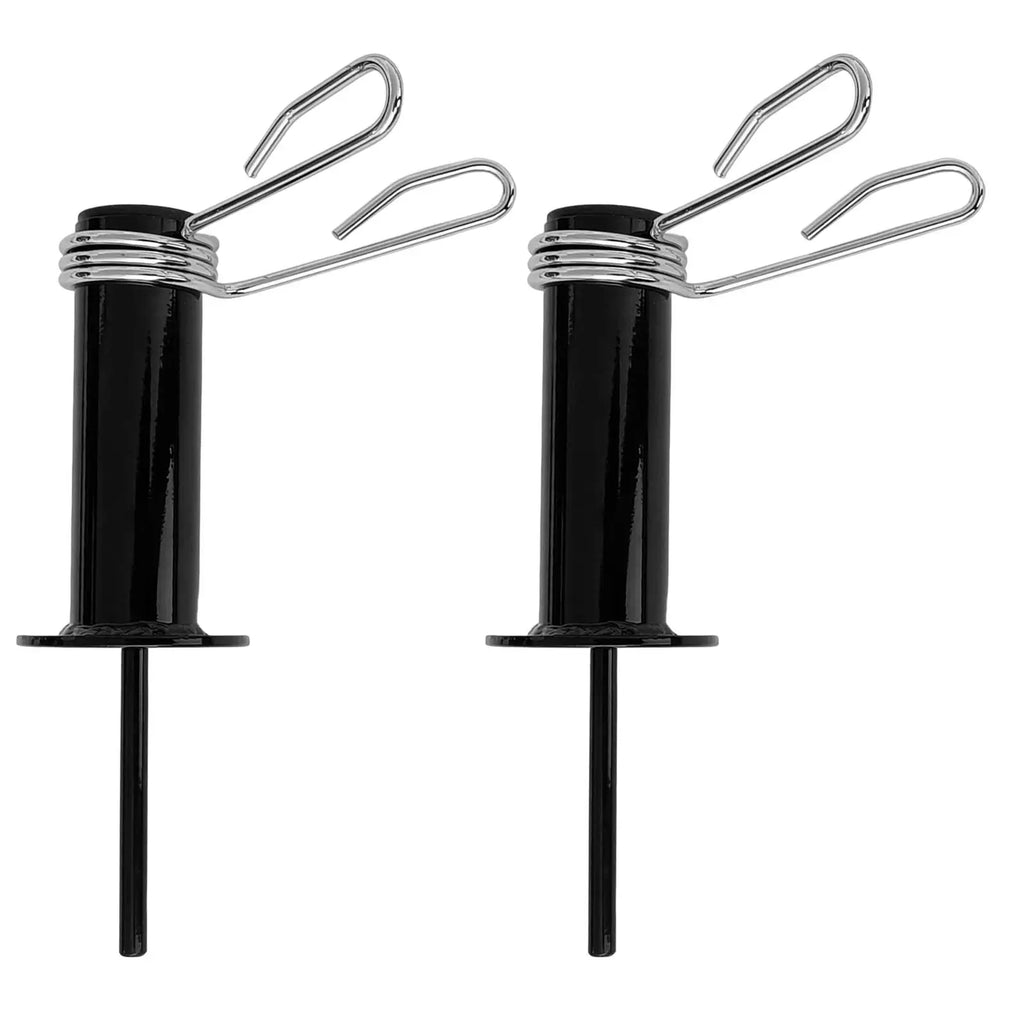 Two black steel weight stack loading pins with chrome spring collars for gym strength training.