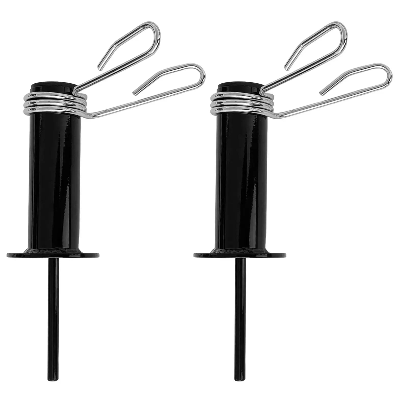Two black steel weight stack loading pins with chrome spring collars for gym strength training.