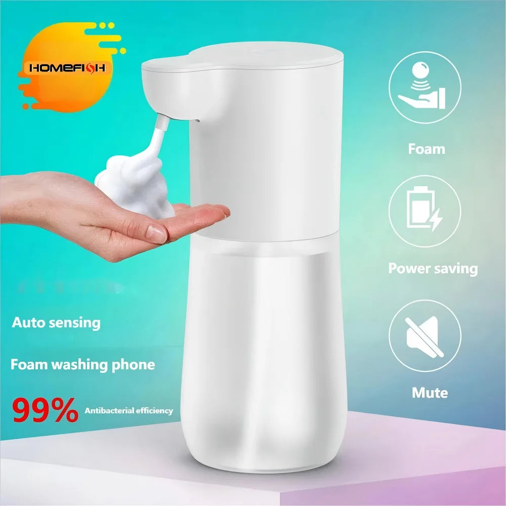White, touchless automatic foam soap dispenser dispensing foam onto a hand, with a sleek, modern design.