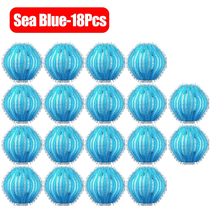Eighteen sea-blue laundry dryer balls with a textured, spherical design arranged in rows on a white background.