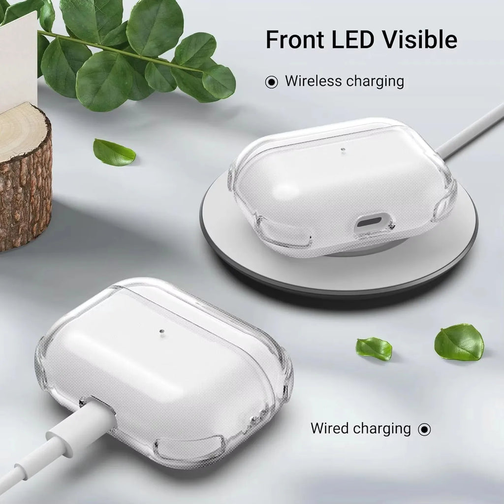 Clear, shockproof silicone case for AirPods Pro, supporting both wireless and wired charging with visible front LED.