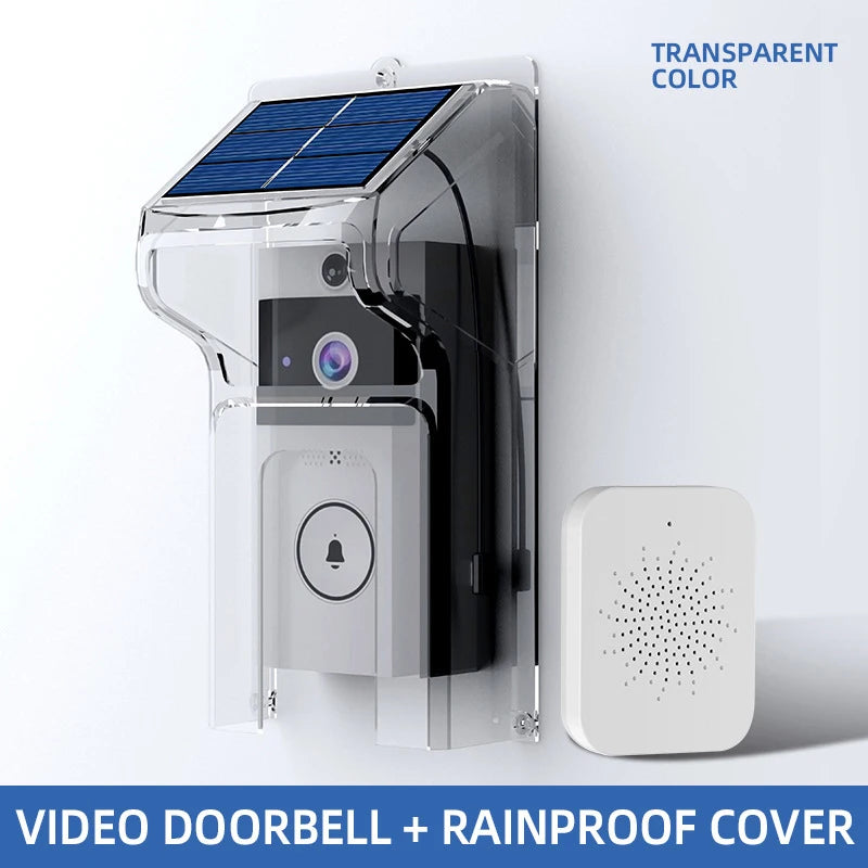 Wireless video doorbell with night vision, mounted in a transparent solar-powered rain cover, with a white chime unit.
