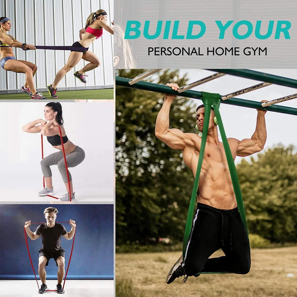 Collage showing people using colourful resistance bands for pull-ups, squats, and various strength training exercises.