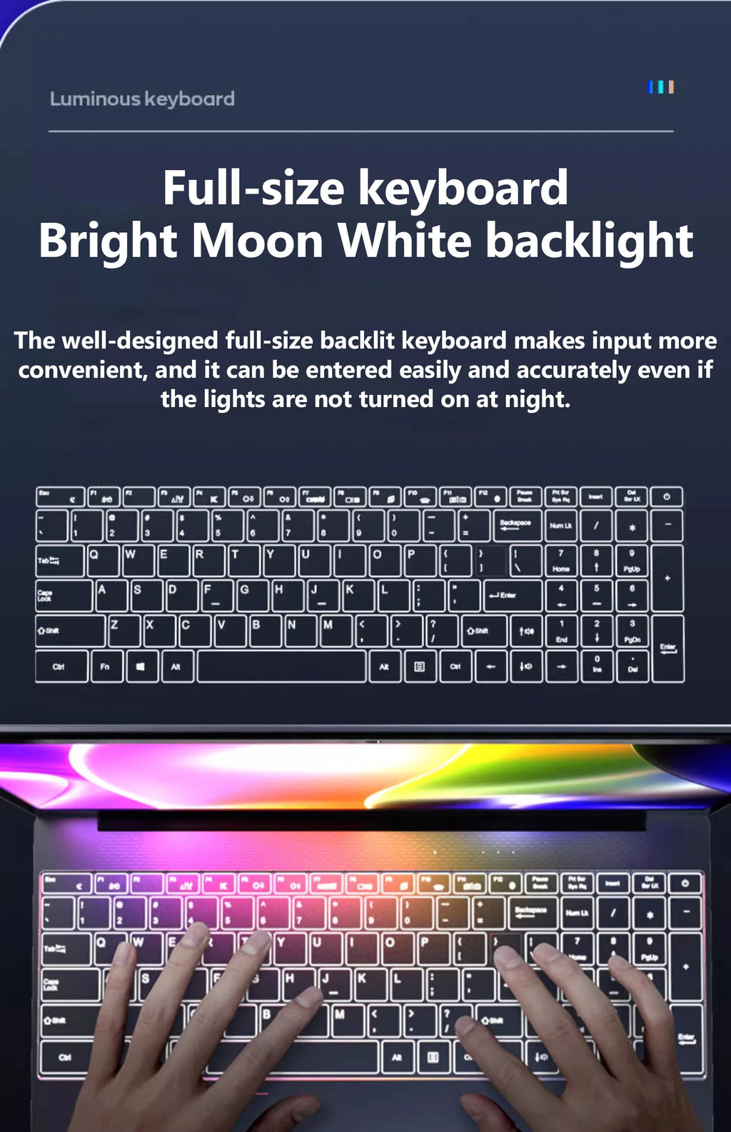 A sleek laptop with a full-size, white-backlit keyboard for easy typing in low-light conditions.