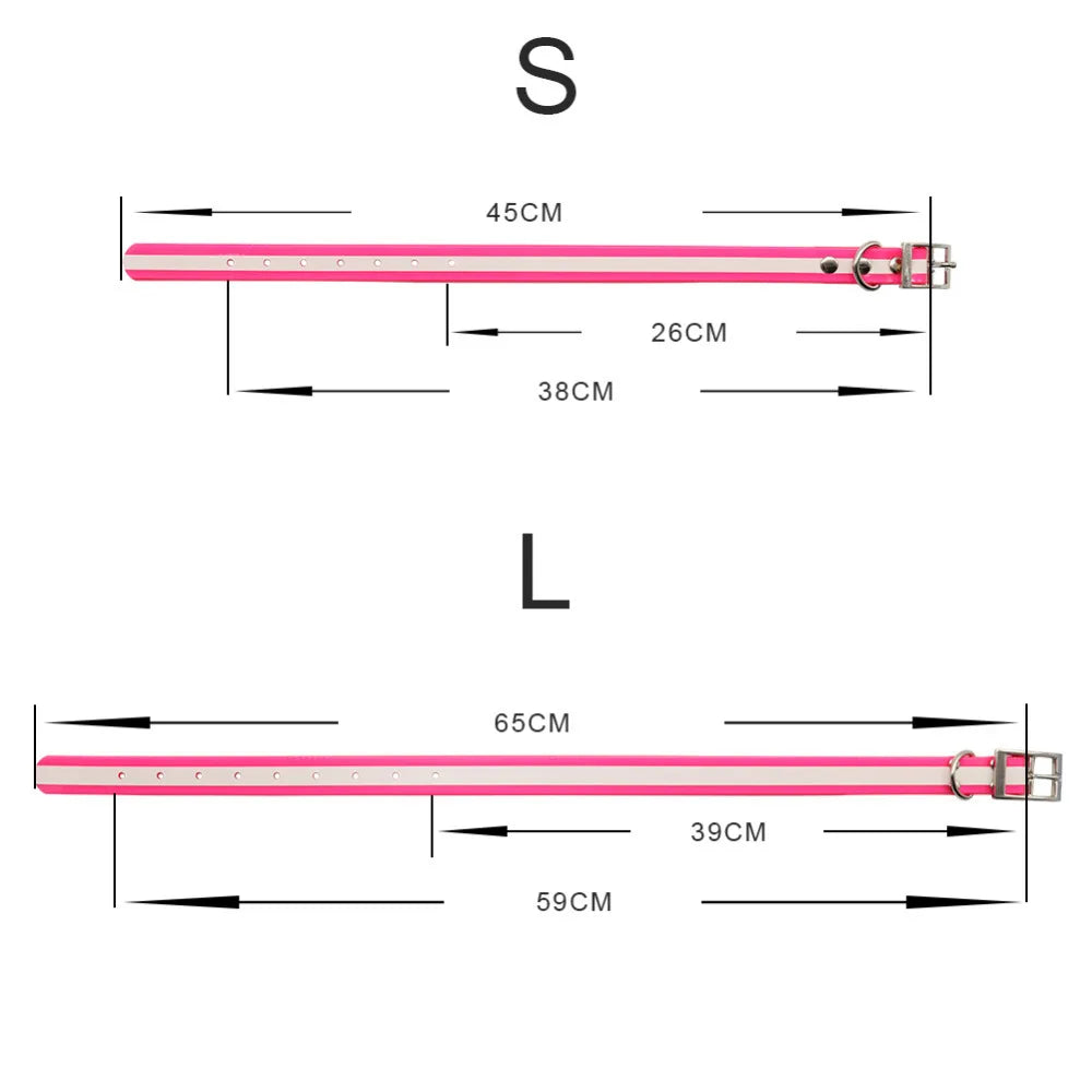 Pink waterproof reflective dog collar with silver buckle, shown with size measurements for small and large options.