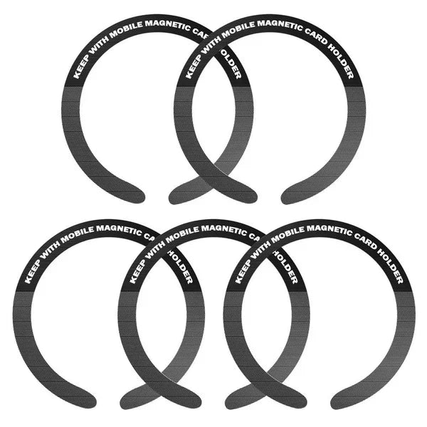 Five grey, horseshoe-shaped magnetic phone card holders with text printed along the curved top edge.