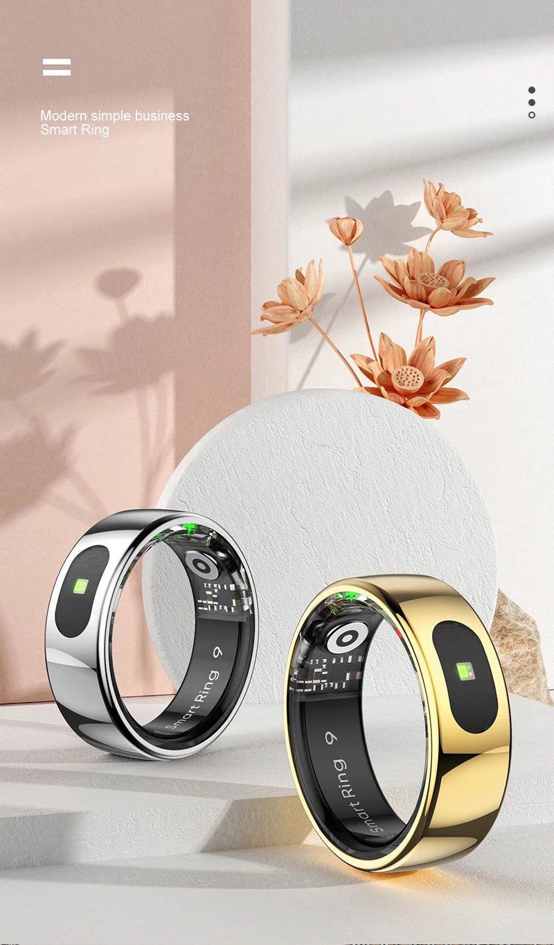 Silver and gold smart health tracker rings on a decorative stand, highlighting internal sensors and sleek design.