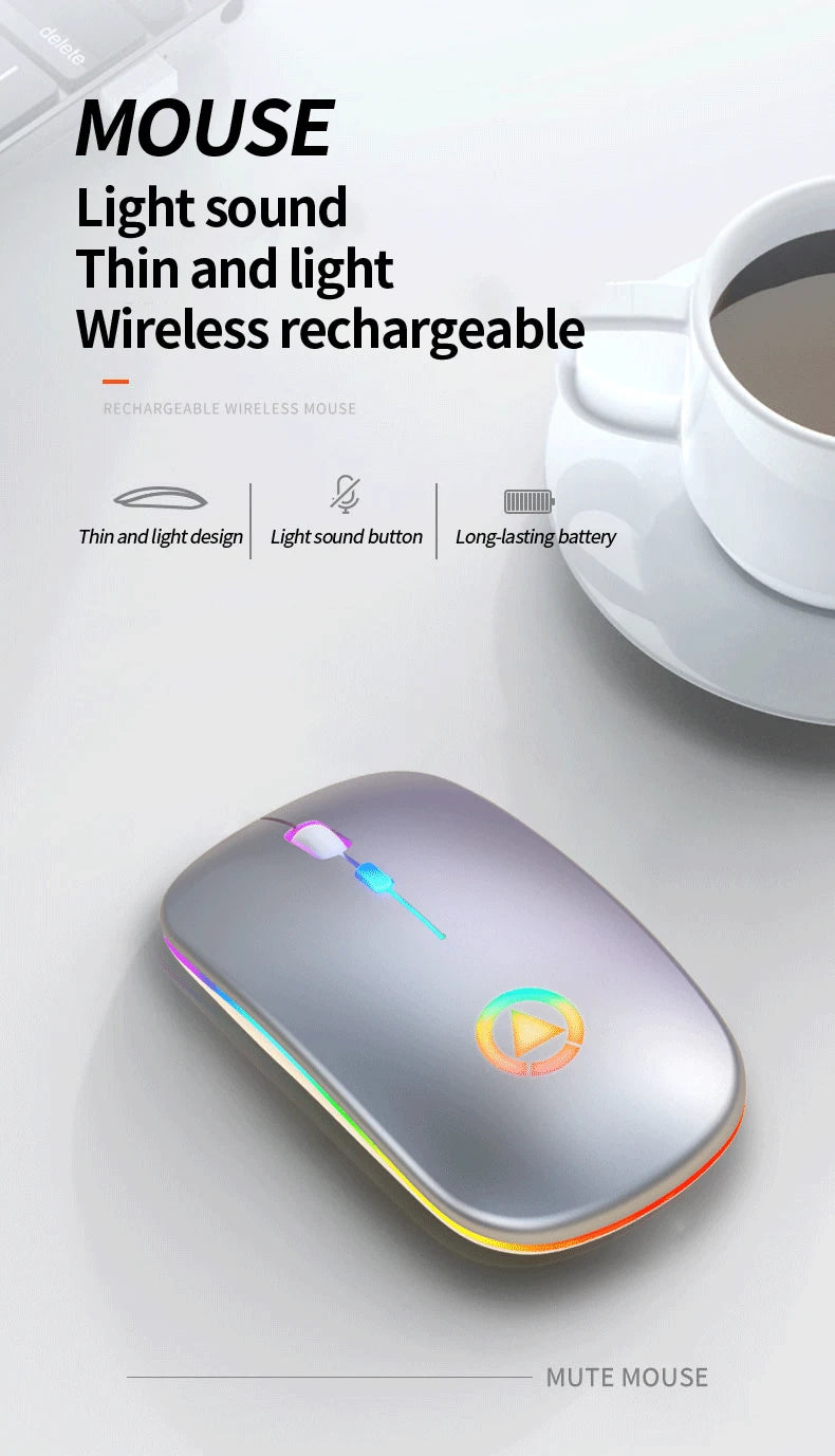 Slim, silver ergonomic wireless mouse with colourful LED lighting, quiet buttons and a rechargeable battery.
