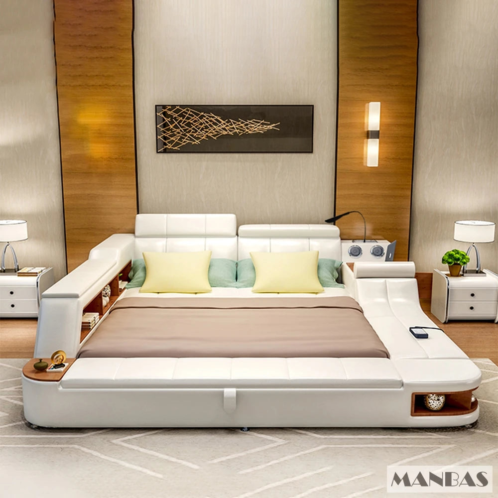 Luxury white leather smart bed frame with built-in storage shelves, bedside tables, and integrated lighting.