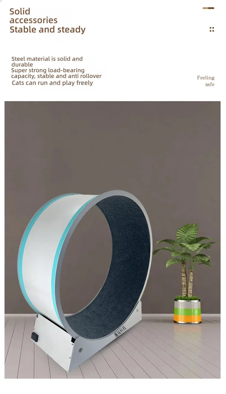 A sturdy, white and blue interactive cat exercise wheel with a dark grey interior track, set on a metal base.