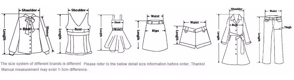 Clothing size guide illustration showing measurement points for various tops, dresses, skirts, shorts, coats, and trousers.