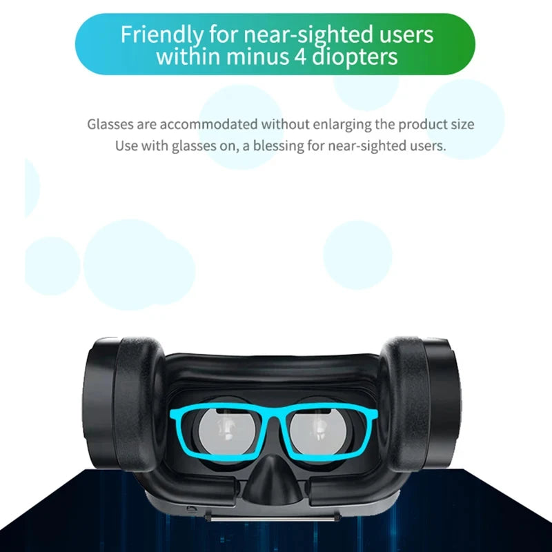 Black VR headset design accommodating eyeglasses, shown with a blue glasses graphic overlay.